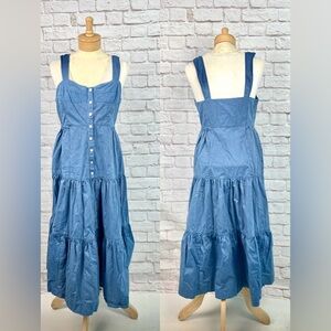 Madewell Button-Front Cerulean Blue Tiered Midi Stripe Cotton Dress Size 10